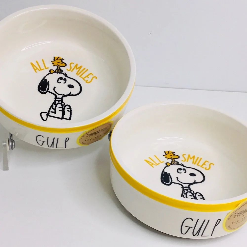 2 Rae Dunn Peanuts Snoopy GULP Woodstock Chow Dog Cat Dish Bowl Ceramic 5” New